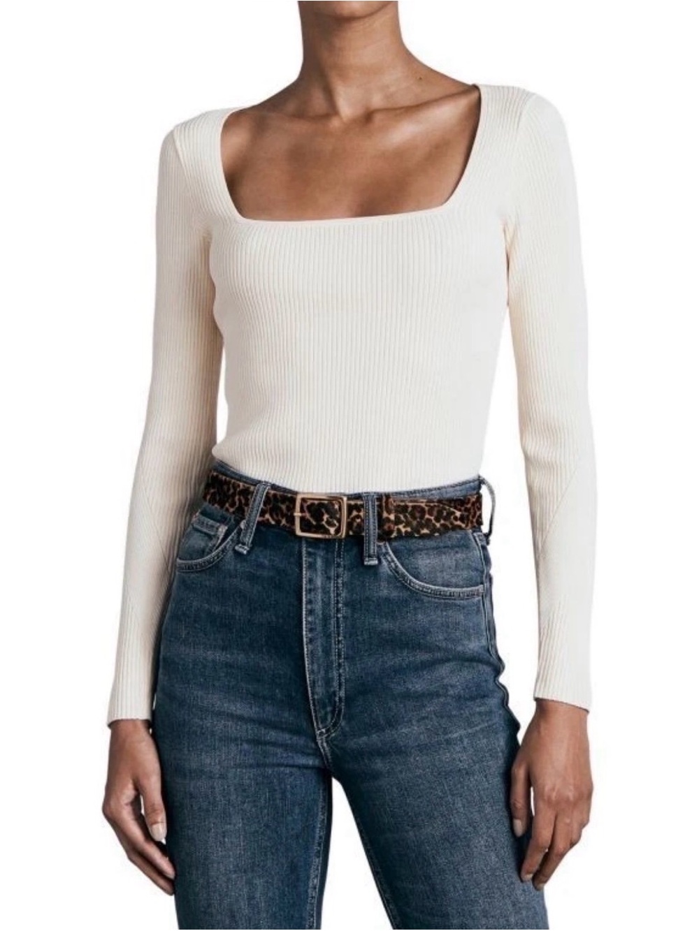 rag & bone Asher Squareneck Top/knit Women Size L Ivory Rib Knit Long Sleeve